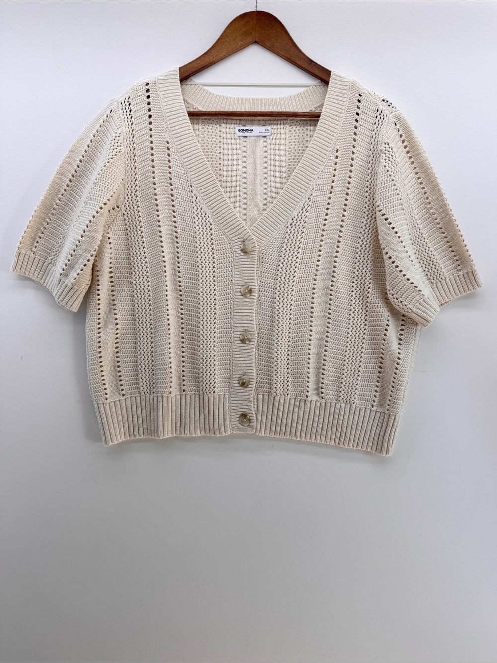 Sonoma Short-Sleeve Crochet V-Neck Cropped Cardigan - Cream - XXL Button Front